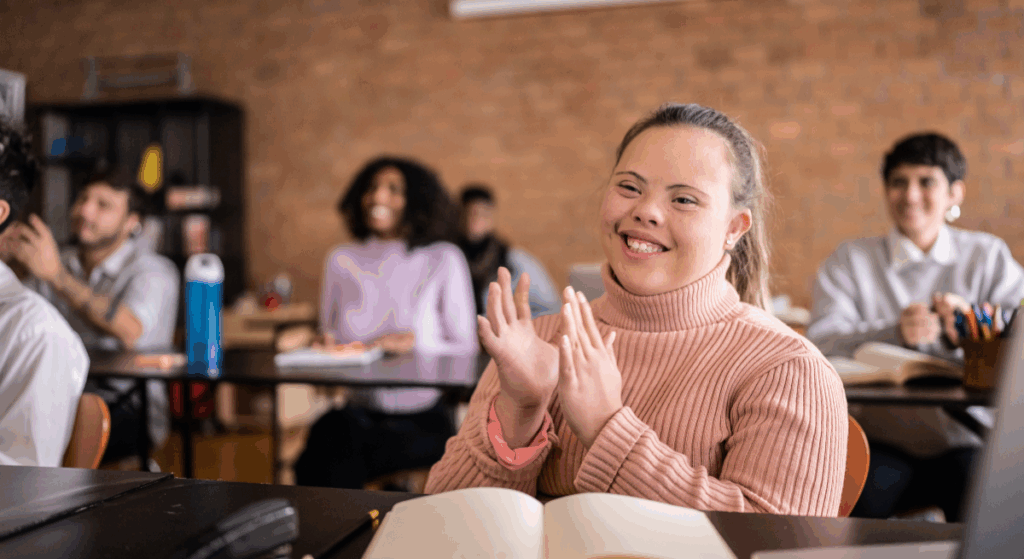 Young white woman with Down syndrome clapping in a classroom with her book open.